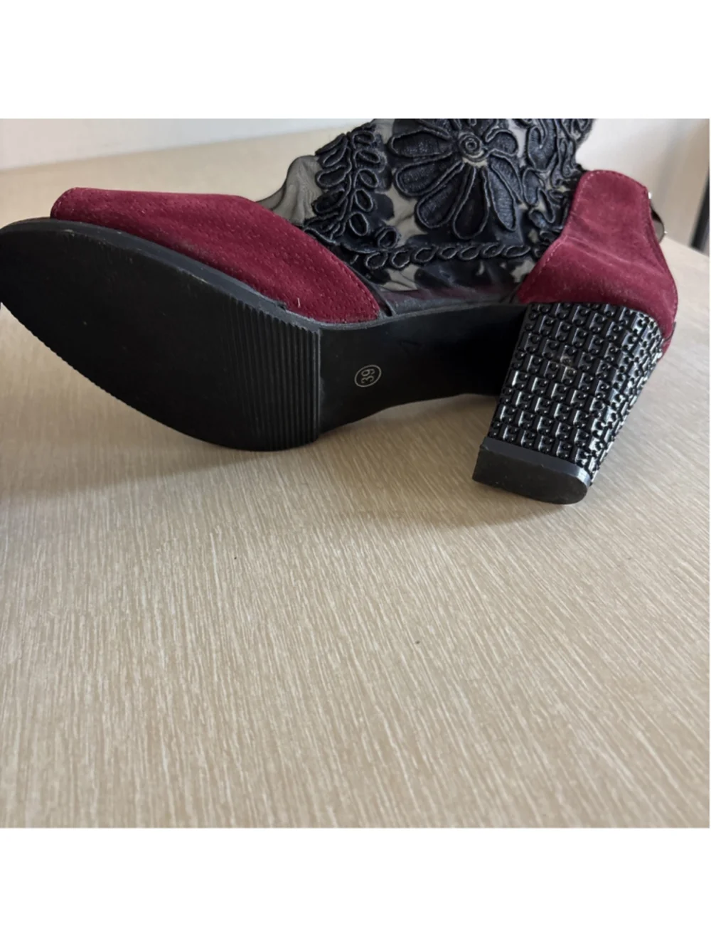 Burgundy Black Lace Ankle Boots Peep Toe Block Heel Women 39(8-8.5) 1190